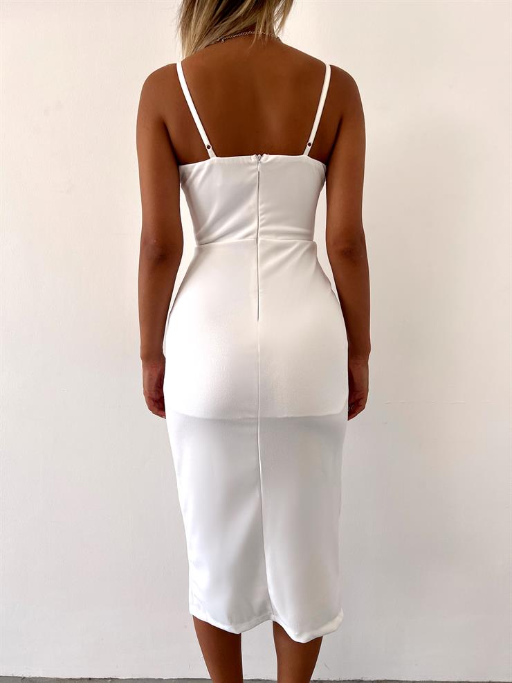 Yırtmaçlı Göğüs Kuplu İnce Askılı Alivia Kadın Beyaz Elbise 22K000611