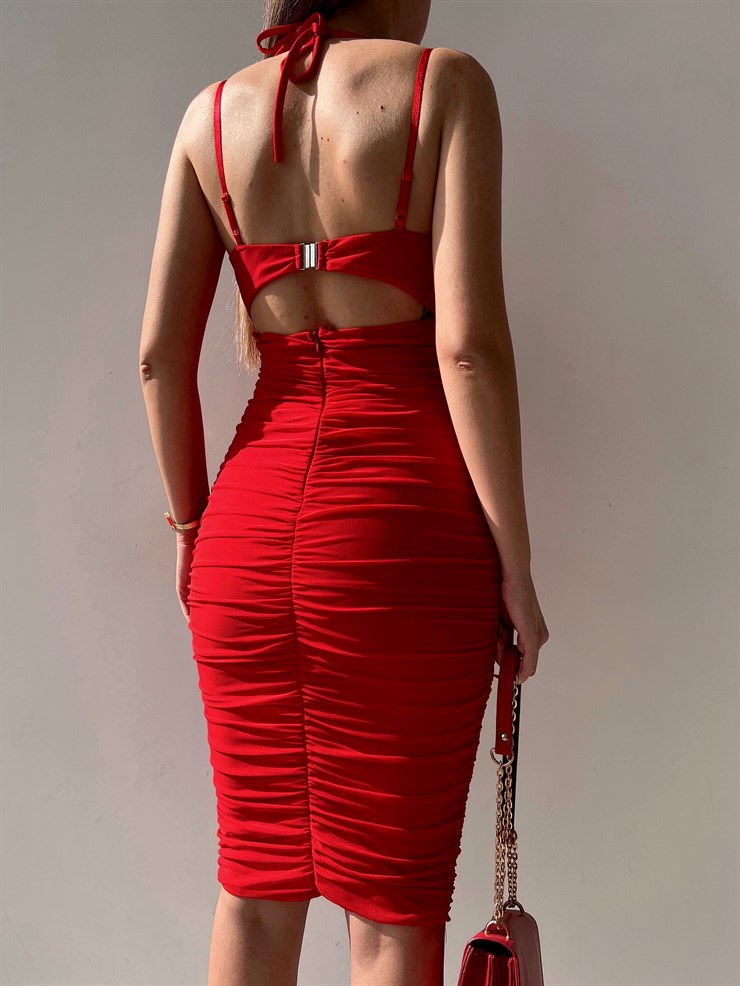 Tül Göğüs Kısmı Pencere Detaylı Lamar Kadın Kırmızı Midi Elbise 22Y000203