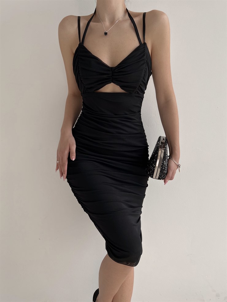 Tül Göğüs Kısmı Pencere Detaylı Lamar Kadın Siyah Midi Elbise 22Y000203