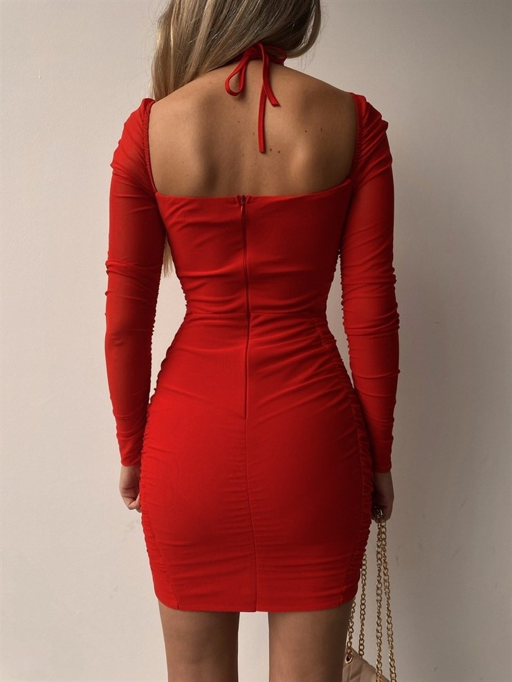 Tül Göğüs Kuplu Büzgülü Violet Kadın Kırmızı Mini Elbise 22Y000013