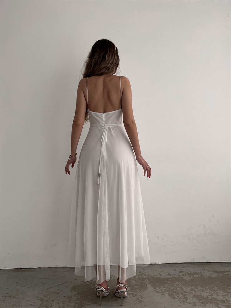 Tül İnce Askı Göğüs Kuplu Yırtmaçlı Brian Kadın Beyaz Elbise 22Y000138