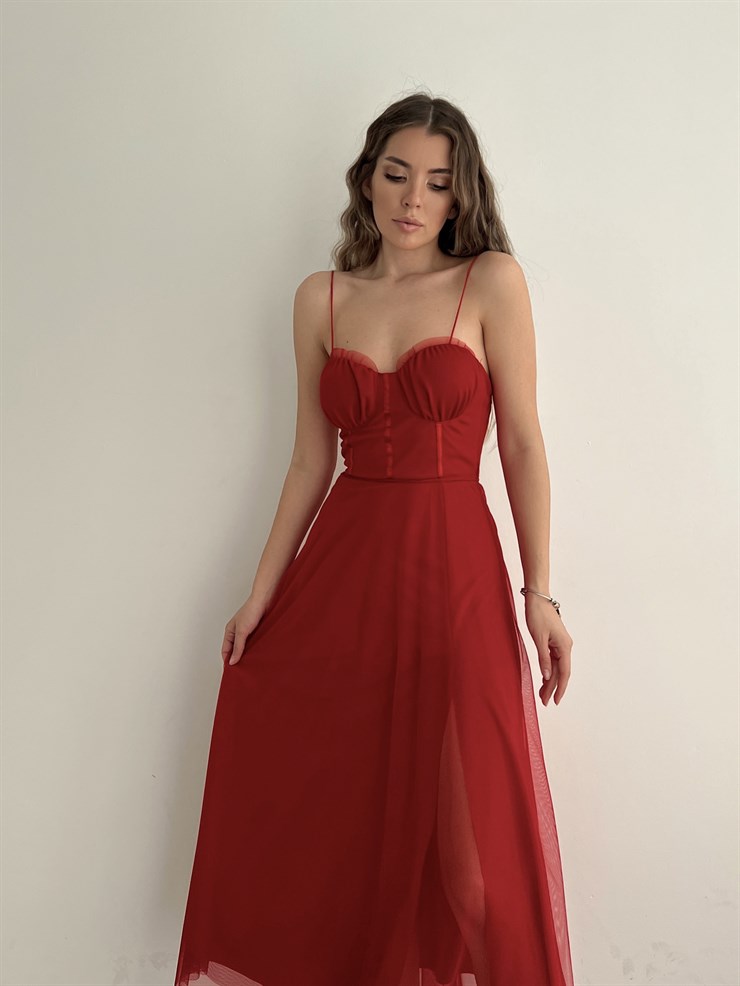 Tül İnce Askı Göğüs Kuplu Yırtmaçlı Brian Kadın Kırmızı Elbise 22Y000138