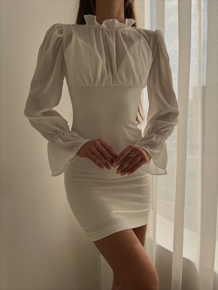 Üst Kısmı Tül Volanlı Kol Mini Gloria Kadın Beyaz Elbise 22K000132