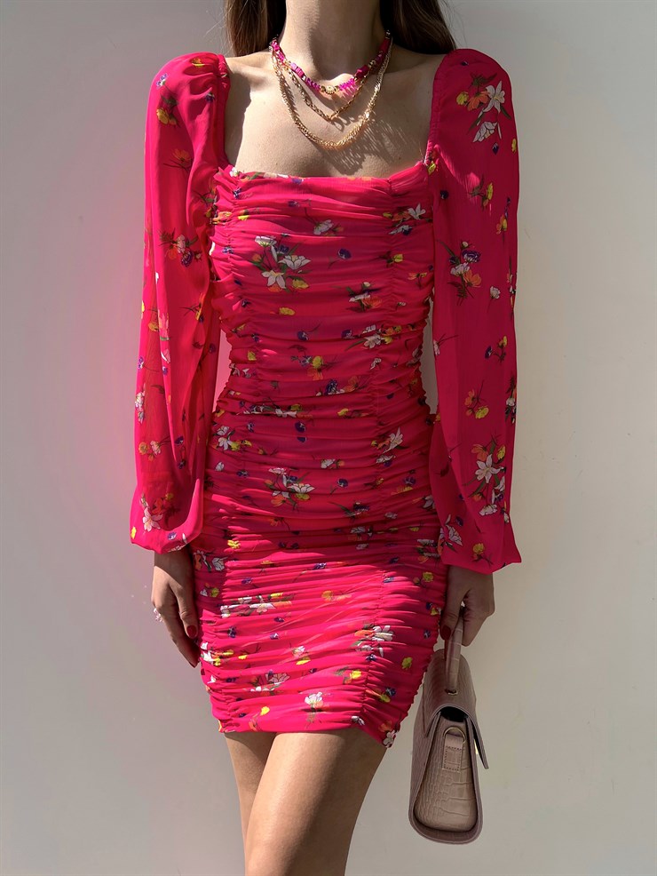 Uzun Kol Gipeli Çiçek Desenli Drapeli Forrest Kadın Pembe Mini Elbise 22Y000273
