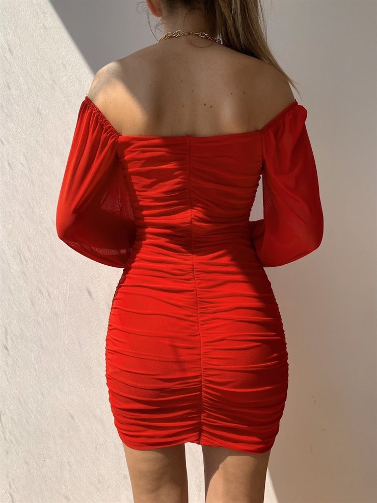 Uzun Kollu Tül Drapeli Kadın Kırmızı Mini Elbise 21Y000544