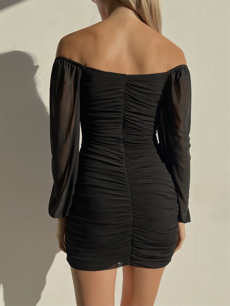 Uzun Kollu Tül Drapeli Kadın Siyah Mini Elbise 21Y000544