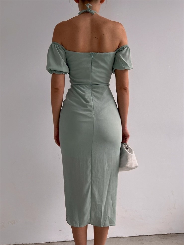 Yırtmaçlı Göğüs Kuplu Düğme Detay Midi Brenna Kadın Mint Elbise 22K000572