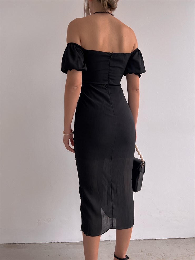 Yırtmaçlı Göğüs Kuplu Düğme Detay Midi Brenna Kadın Siyah Elbise 22K000572