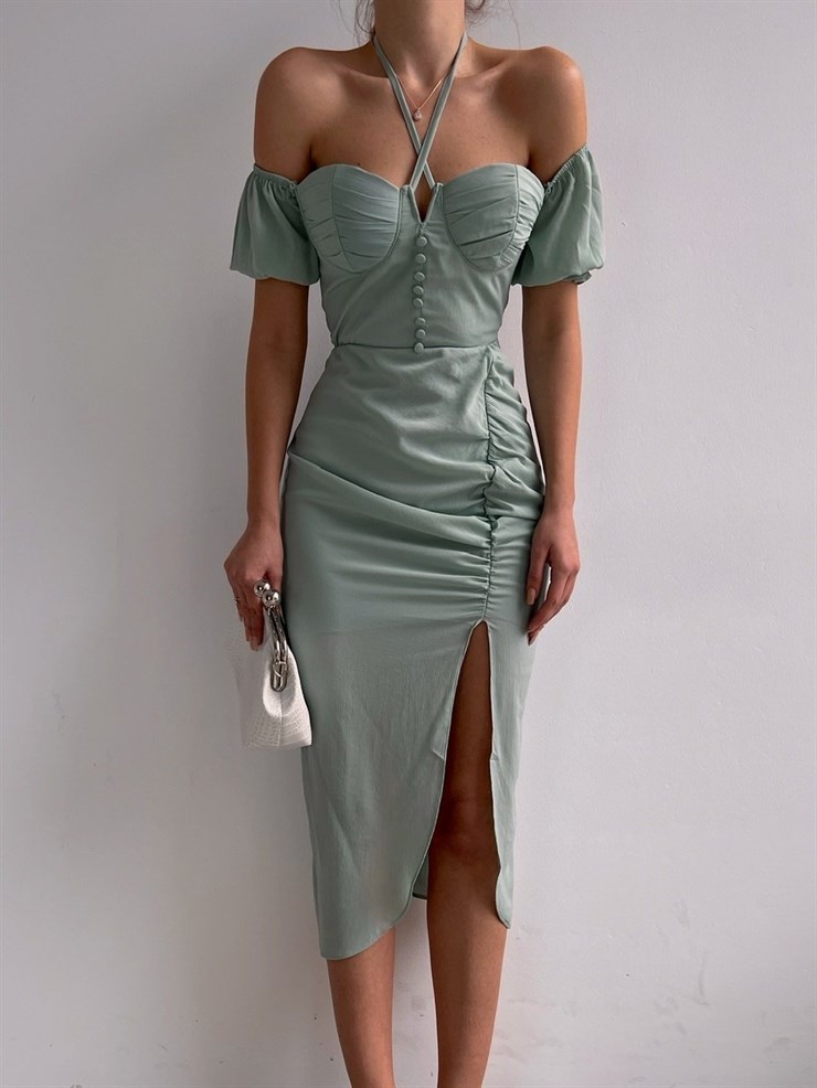 Yırtmaçlı Göğüs Kuplu Düğme Detay Midi Brenna Kadın Mint Elbise 22K000572