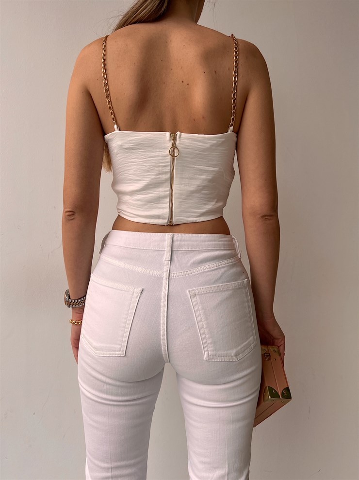 Zincir Askılı Önden Bağcıklı Aliya Kadın Beyaz Crop Bluz 22K000619