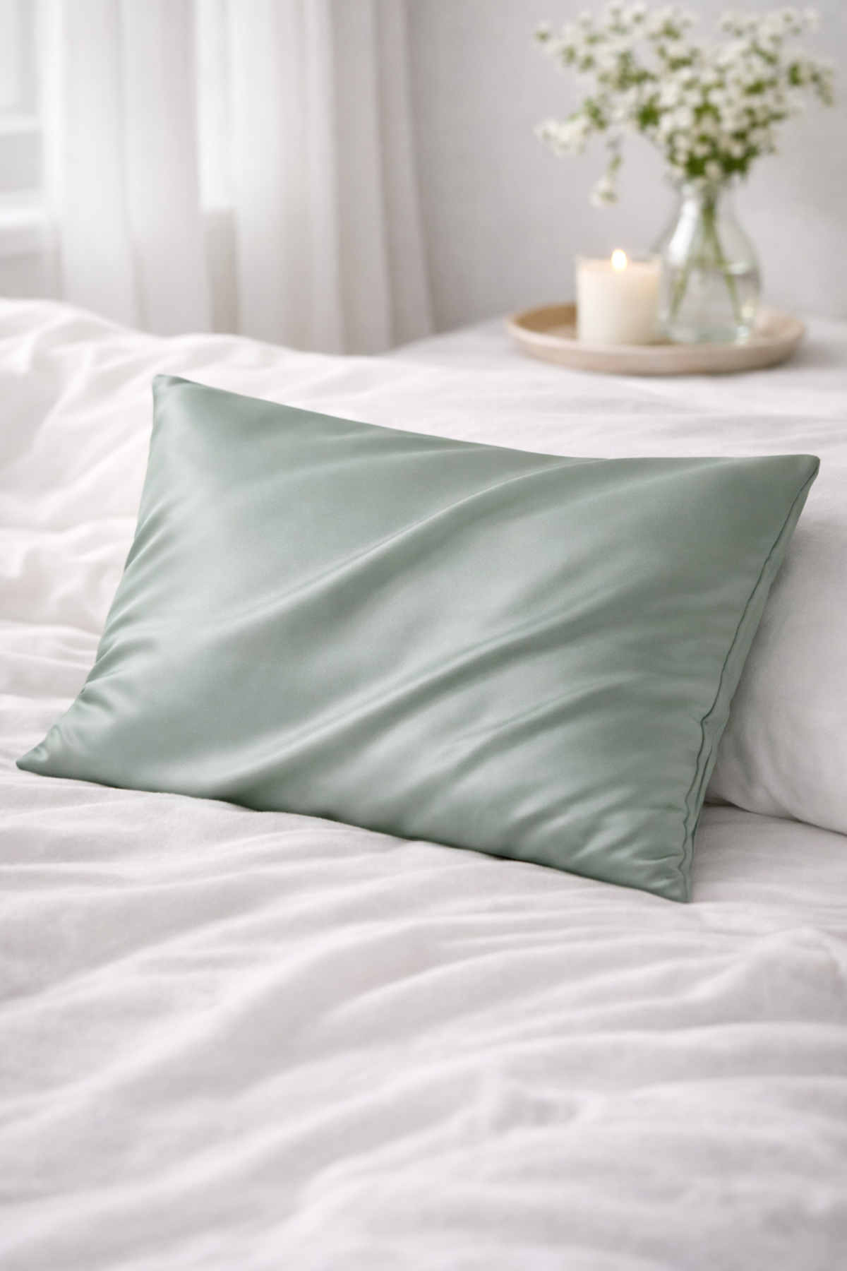 %100 İpek Saten Yastık Kılıfı 50 x 70 cm - Su Yeşili