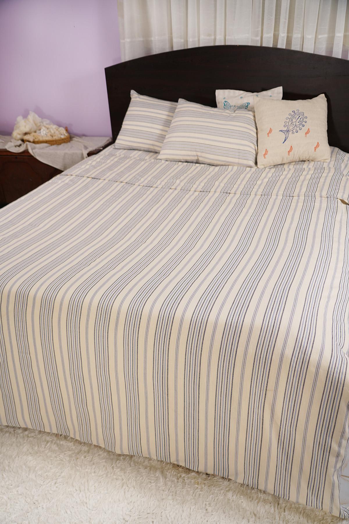 %100 Pamuk El Dokuması King Size - Ekli Nevresim Takımı Çift Kişilik 270 x 270 cm - Mavi Çizgili