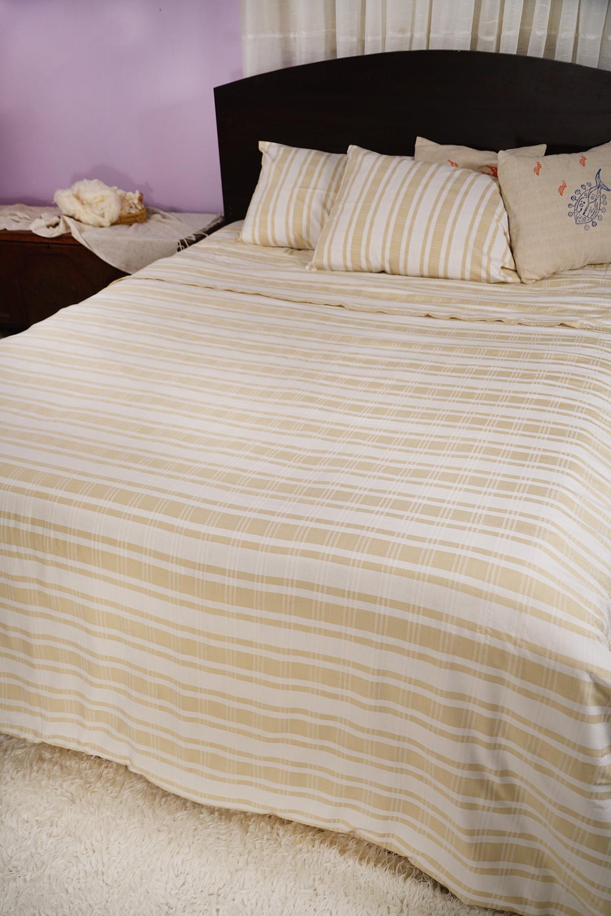 %100 Pamuk El Dokuması Nevresim Takımı Çift Kişilik 220 x 250 cm - Sarı Çizgili