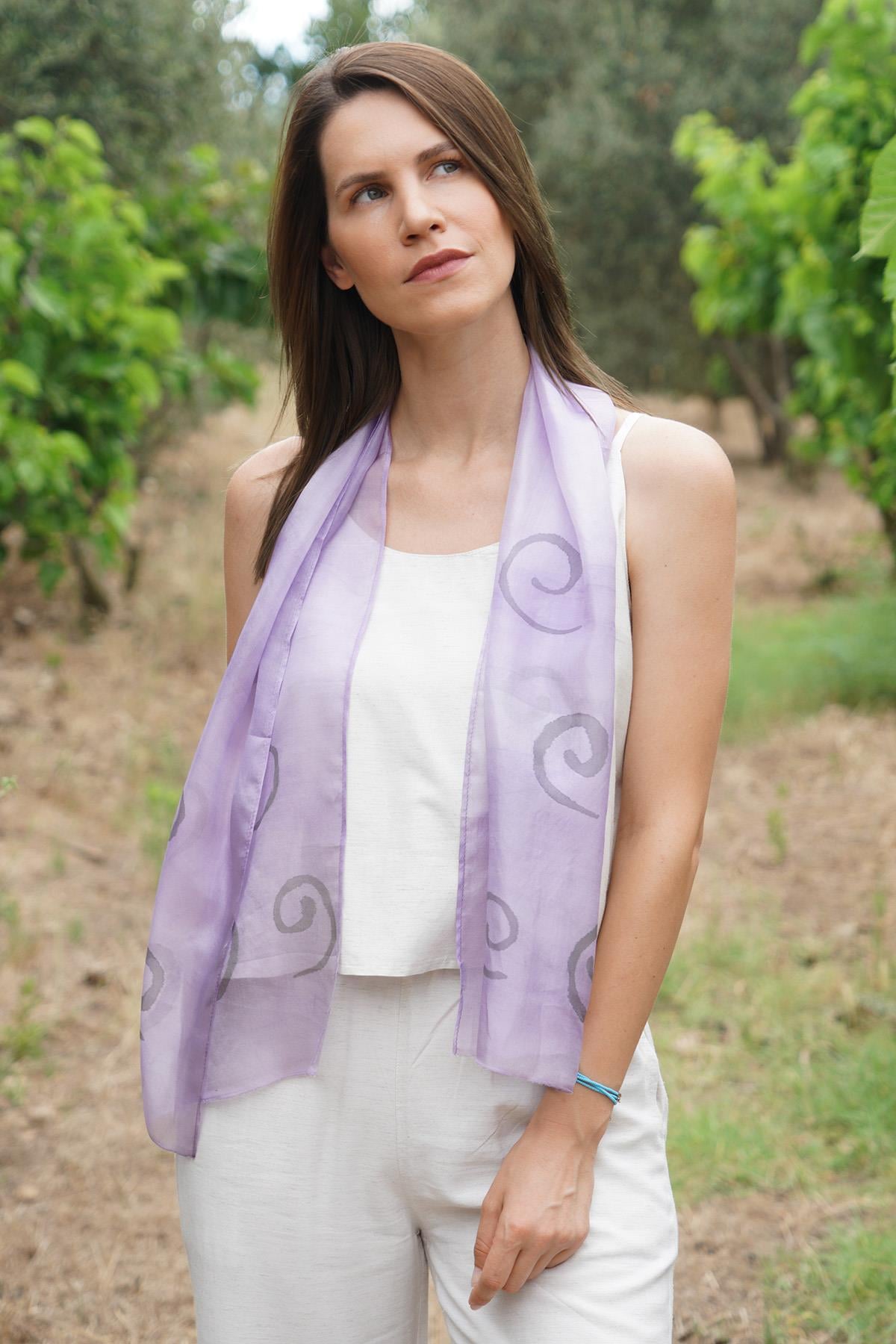 %100 Saf İpek El Boyaması Fular- Özel Tasarım 35x140cm - Lila