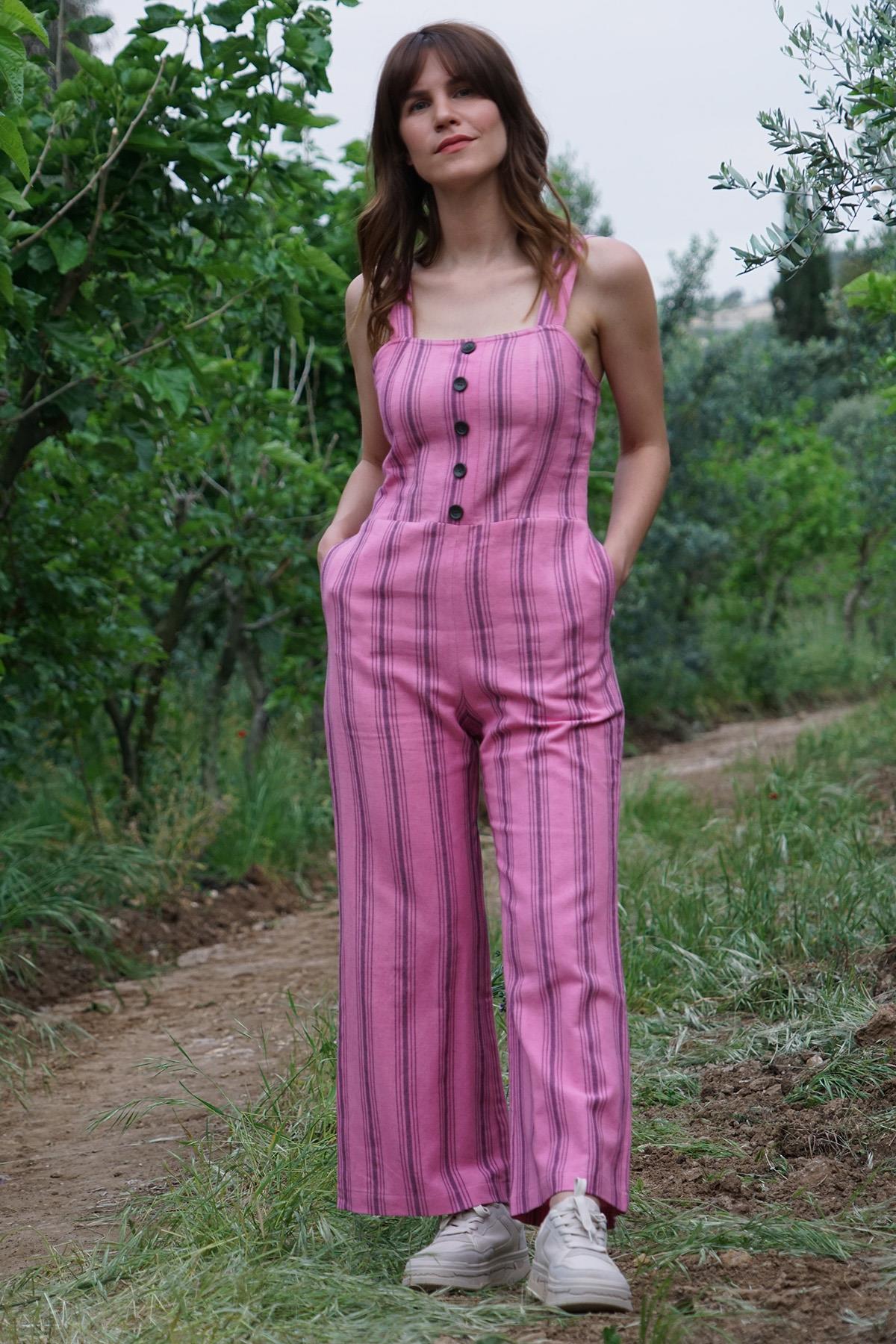 El Dokuması Çizgili Tulum Keten-Pamuk - Pembe