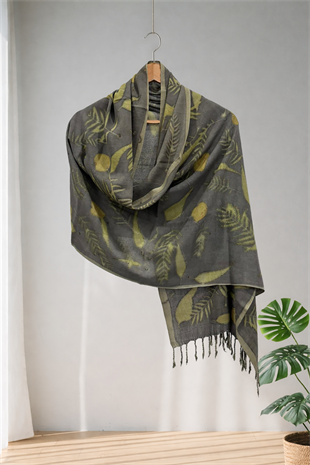 %100 Barış İpeği El Dokuması Ecoprint - Doğal Baskı Şal 65 x 190 cm 1214