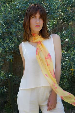 %100 İpek Batik Boyama Fular 35x140 cm - Kırmızı - Sarı