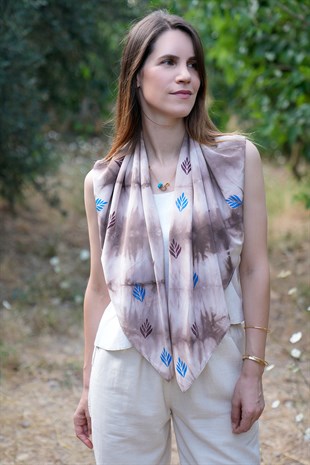 %100 İpek Batik Eşarp Kahve - Mavi Desenli
