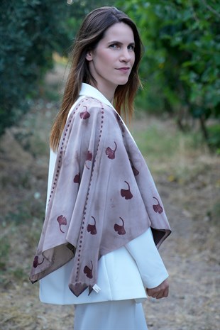 %100 İpek Batik Eşarp Kahverengi - Bordo Desenli