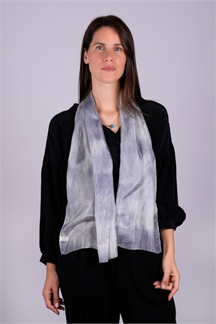 %100 Saf İpek El Boyaması Fular- Özel Tasarım 35x140cm - Gri - Beyaz