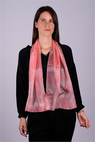 %100 Saf İpek El Boyaması Fular- Özel Tasarım 35x140cm - Pembe - Beyaz