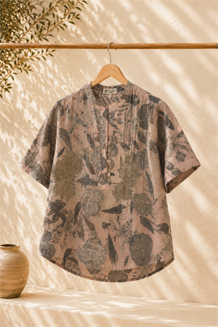 Botanica | El Dokuması %100 Pamuk Ecoprint Gömlek - Somon - Pembe - 1103