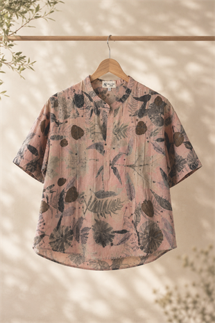 Botanica | El Dokuması İpek Pamuk Ecoprint Gömlek - Pembe - Kahverengi - 1103