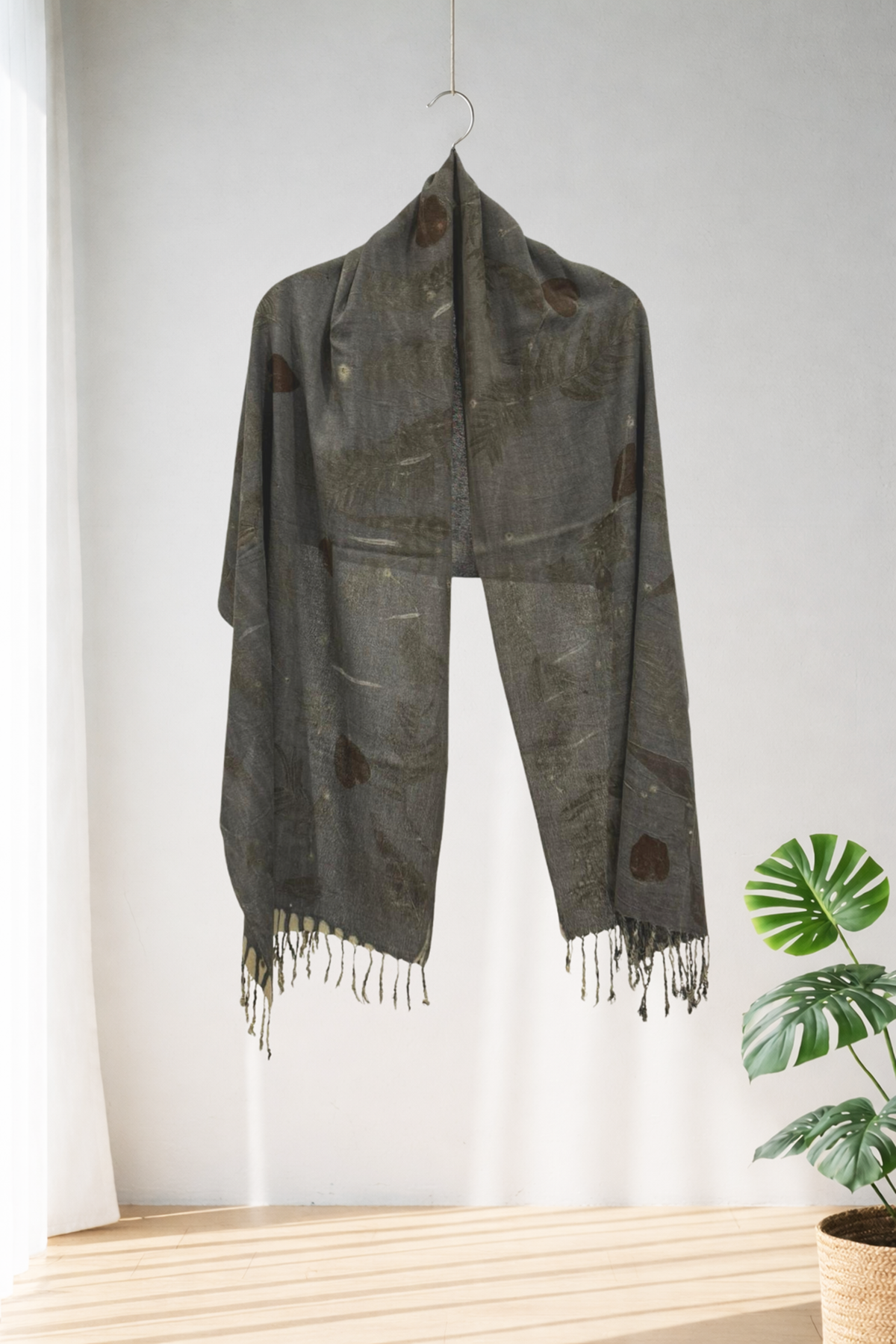 %100 Barış İpeği El Dokuması Ecoprint - Doğal Baskı Şal 60 x 185 cm 1207