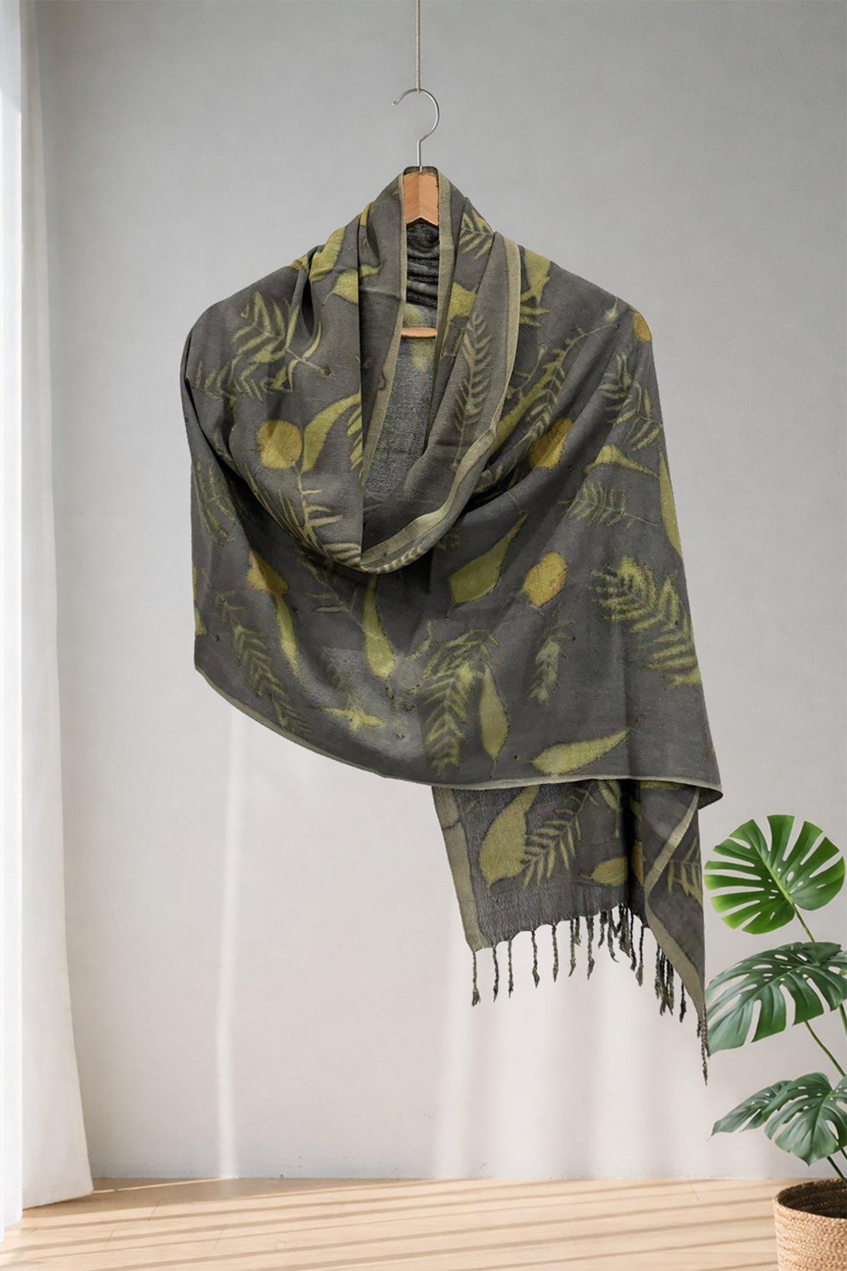 %100 Barış İpeği El Dokuması Ecoprint - Doğal Baskı Şal 65 x 190 cm 1214