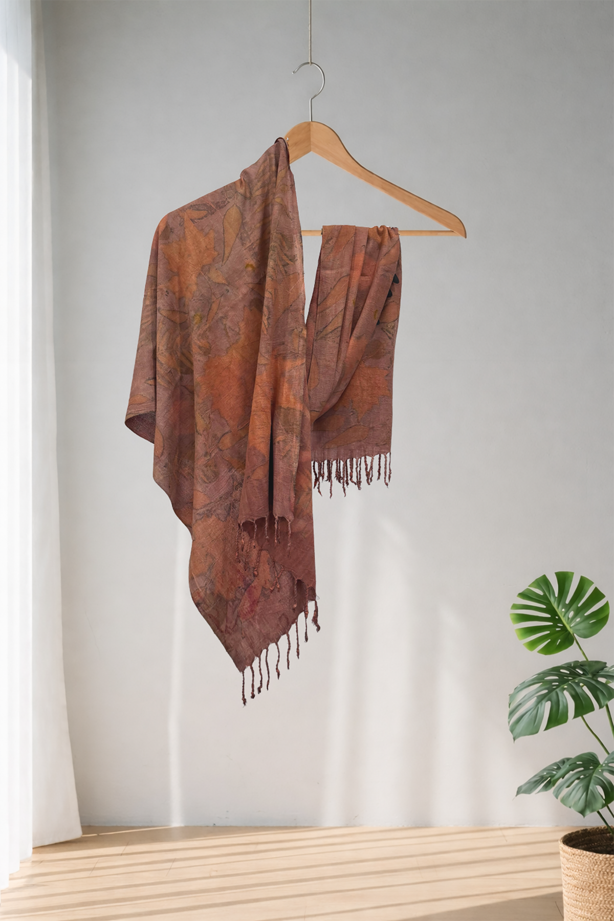 %100 Barış İpeği El Dokuması Ecoprint - Doğal Baskı Şal 62 x 200 cm 1214