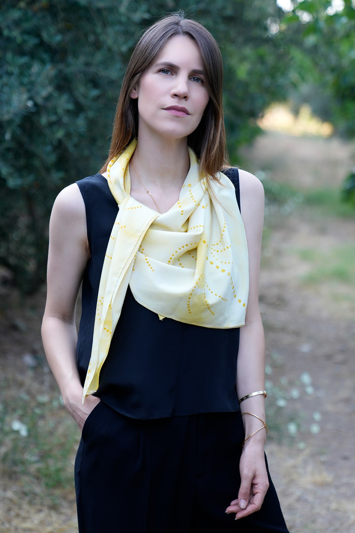 %100 İpek Batik Eşarp Sarı - Krem Desenli