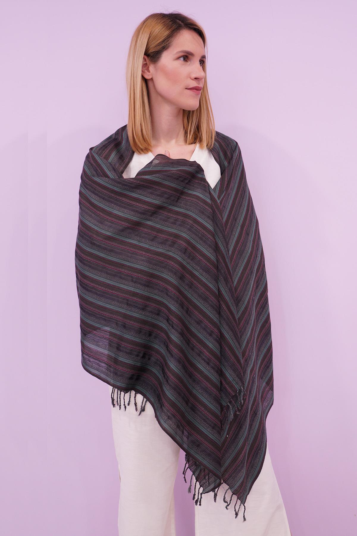 %100 İpek El Dokuması Çizgili Şal 60 x 200 cm - Haki