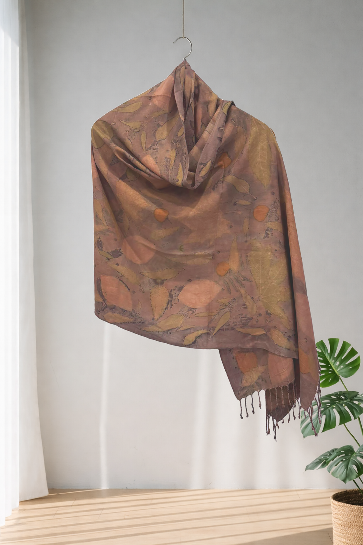 %100 İpek El Dokuması Ecoprint - Doğal Baskı Şal 72 x 190 cm 1211