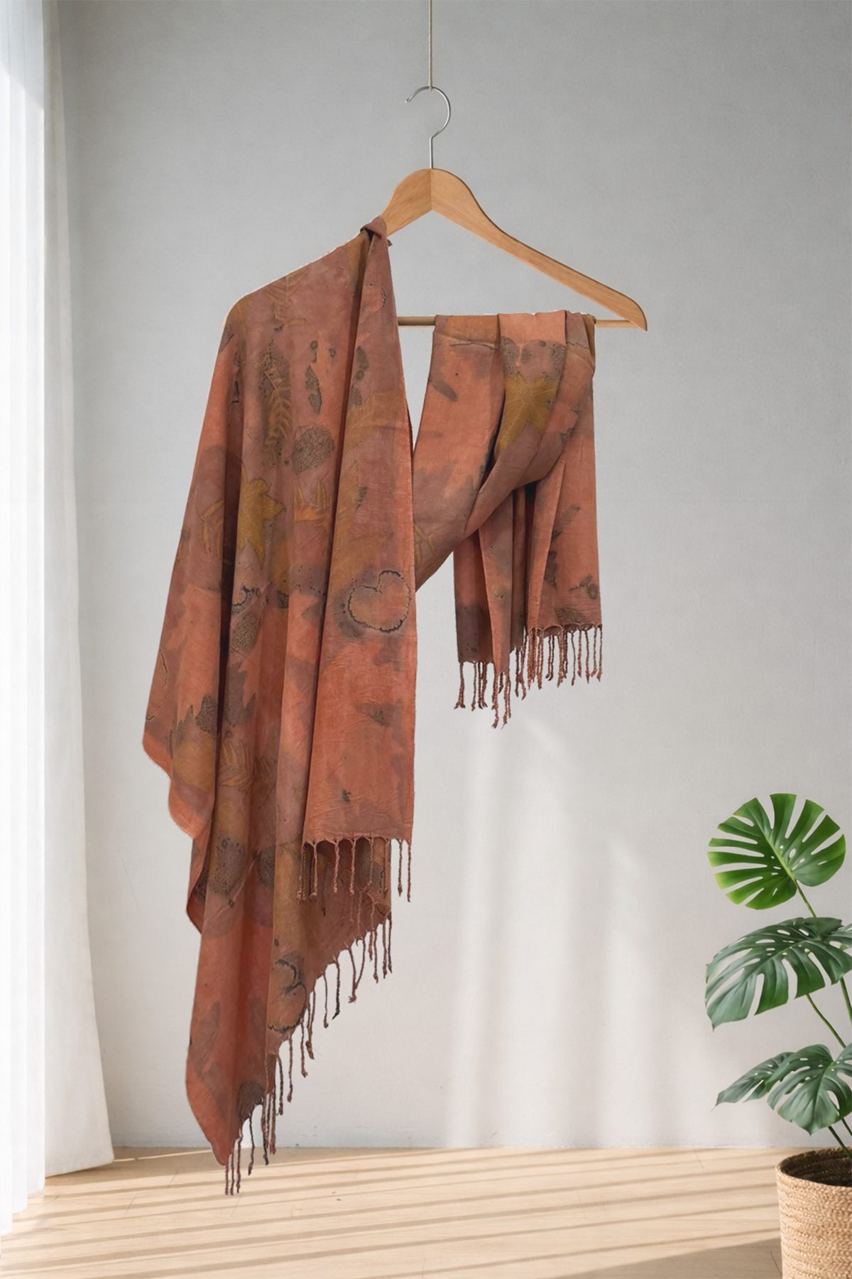%100 İpek El Dokuması Ecoprint - Doğal Baskı Şal 73 x 170 cm 1212