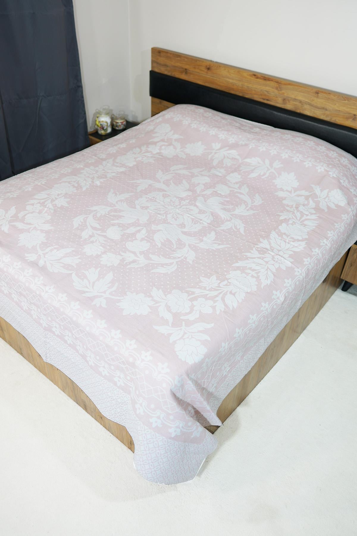 %100 Pamuk El Dokuması Kuş Desenli Pike 190 x 225 cm - Pudra 