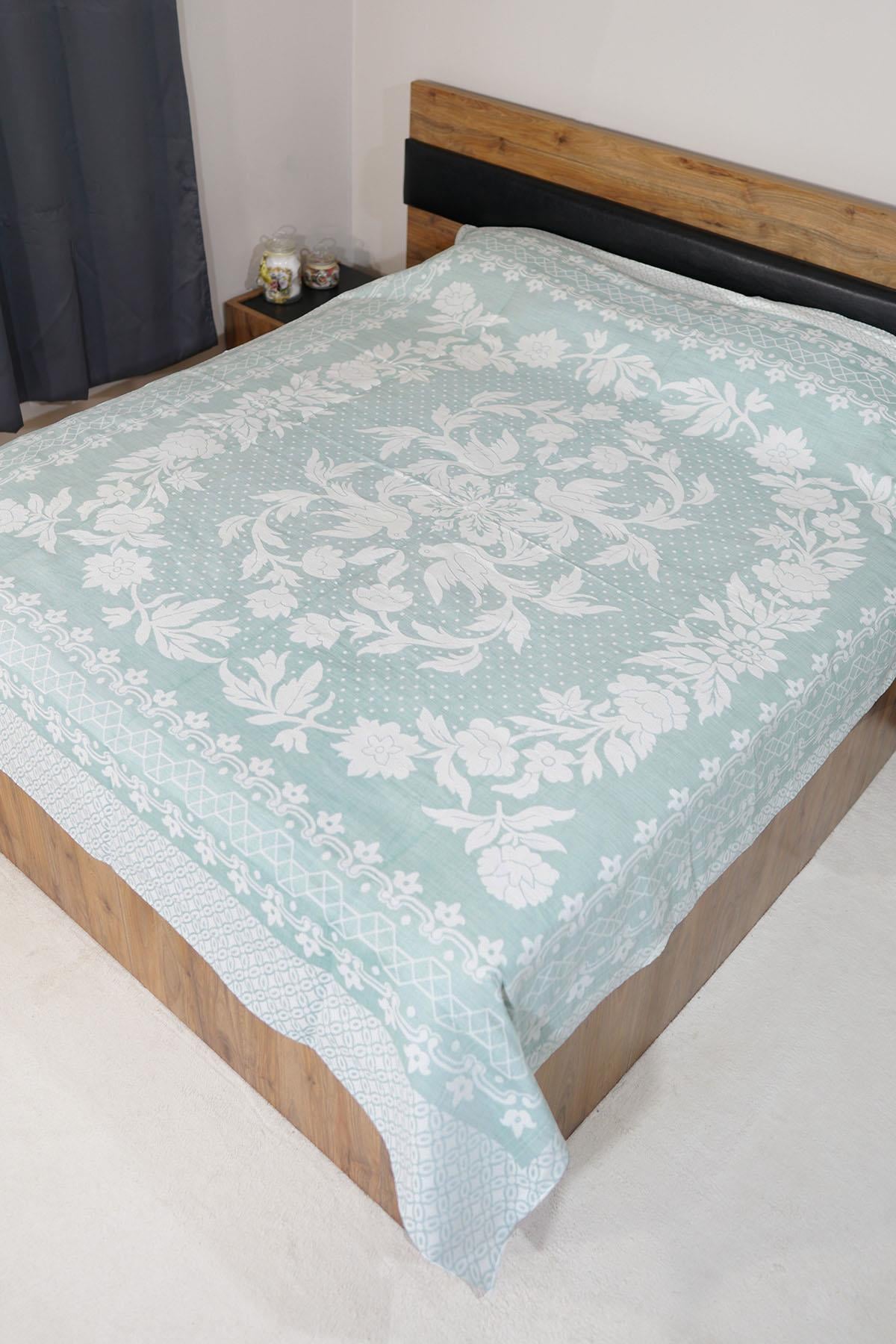 %100 Pamuk El Dokuması Kuş Desenli Pike 190 x 225 cm - Açık Yeşil
