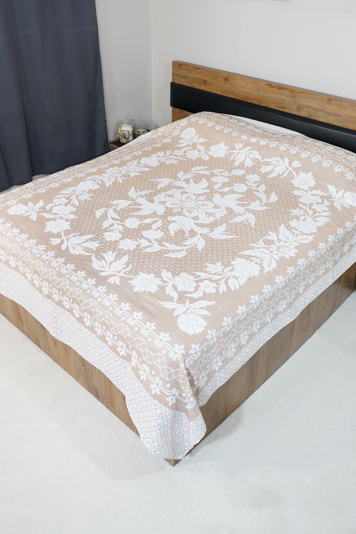 %100 Pamuk El Dokuması Kuş Desenli Pike 190 x 225 cm - Somon 