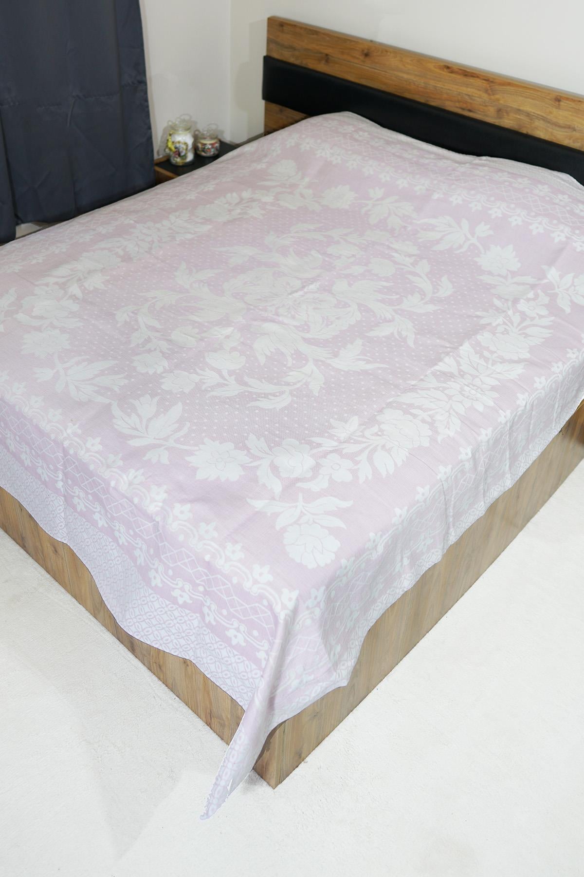 %100 Pamuk El Dokuması Kuş Desenli Pike 190 x 225 cm - Pembe 