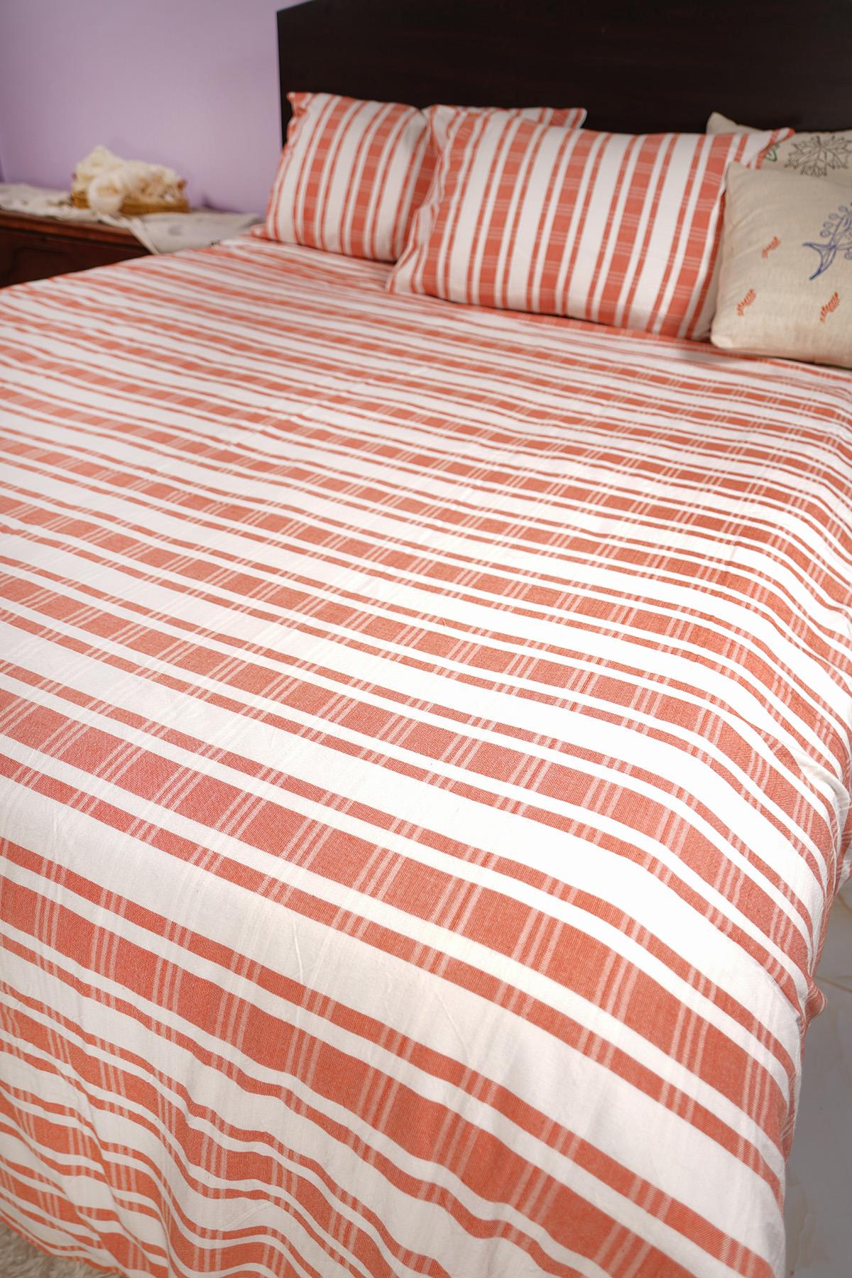 %100 Pamuk El Dokuması Nevresim Takımı Çift Kişilik 220 x 250 cm - Kırmızı Çizgili