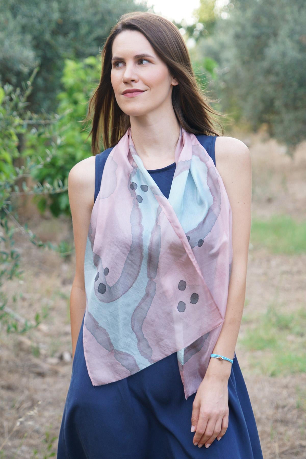 %100 Saf İpek El Boyaması Fular- Özel Tasarım 35x140cm - Pembe-Mavi Pati