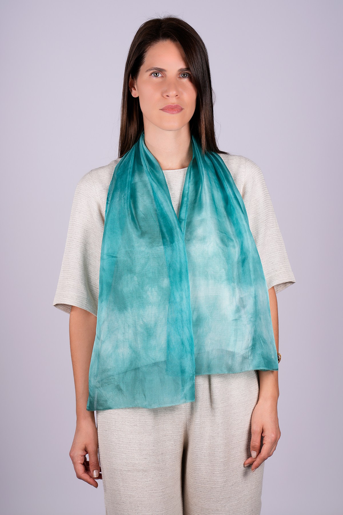 %100 Saf İpek El Boyaması Fular- Özel Tasarım 35x140cm - Zümrüt - Beyaz