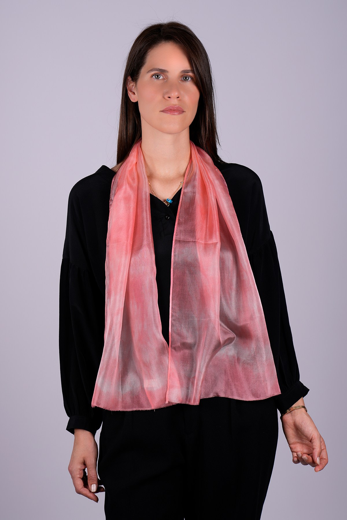 %100 Saf İpek El Boyaması Fular- Özel Tasarım 35x140cm - Pembe - Beyaz