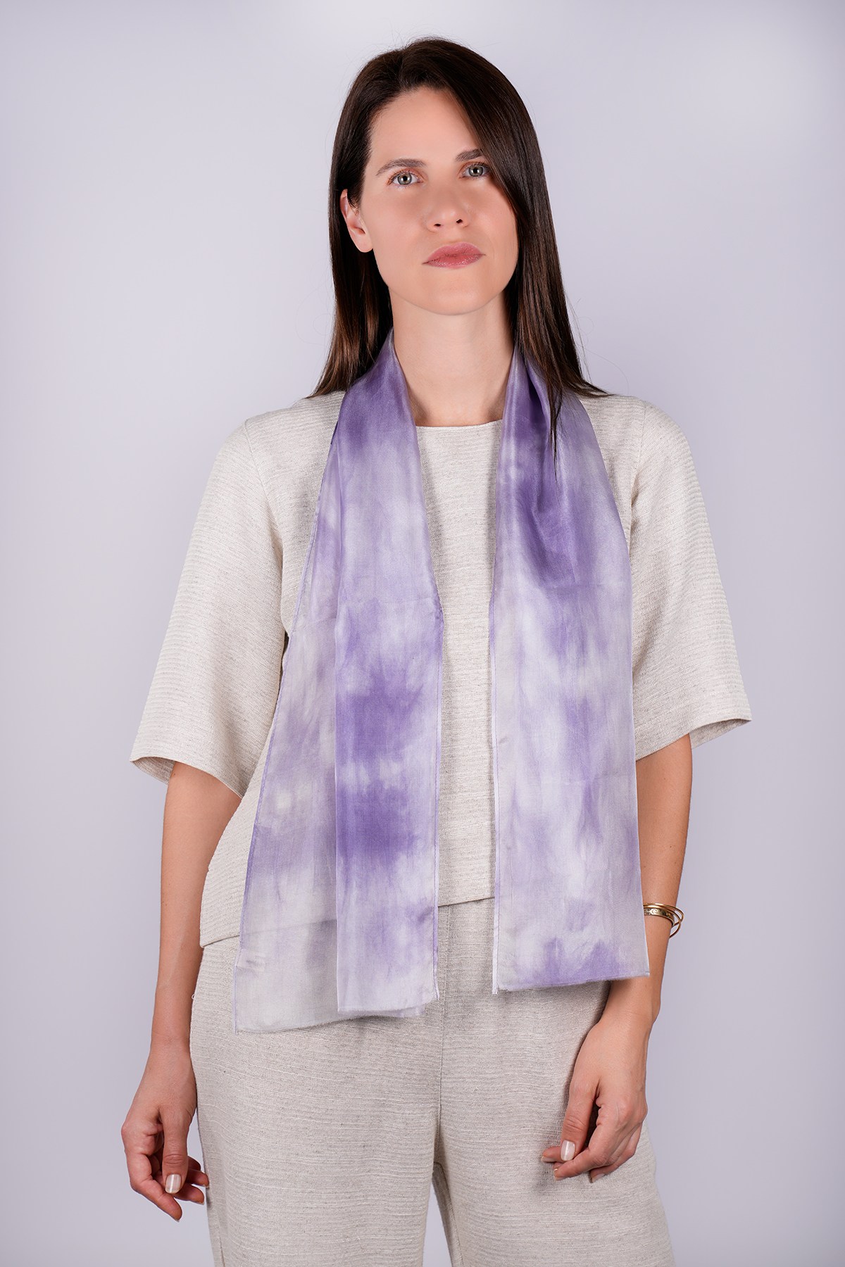 %100 Saf İpek El Boyaması Fular- Özel Tasarım 35x140cm - Lila - Beyaz