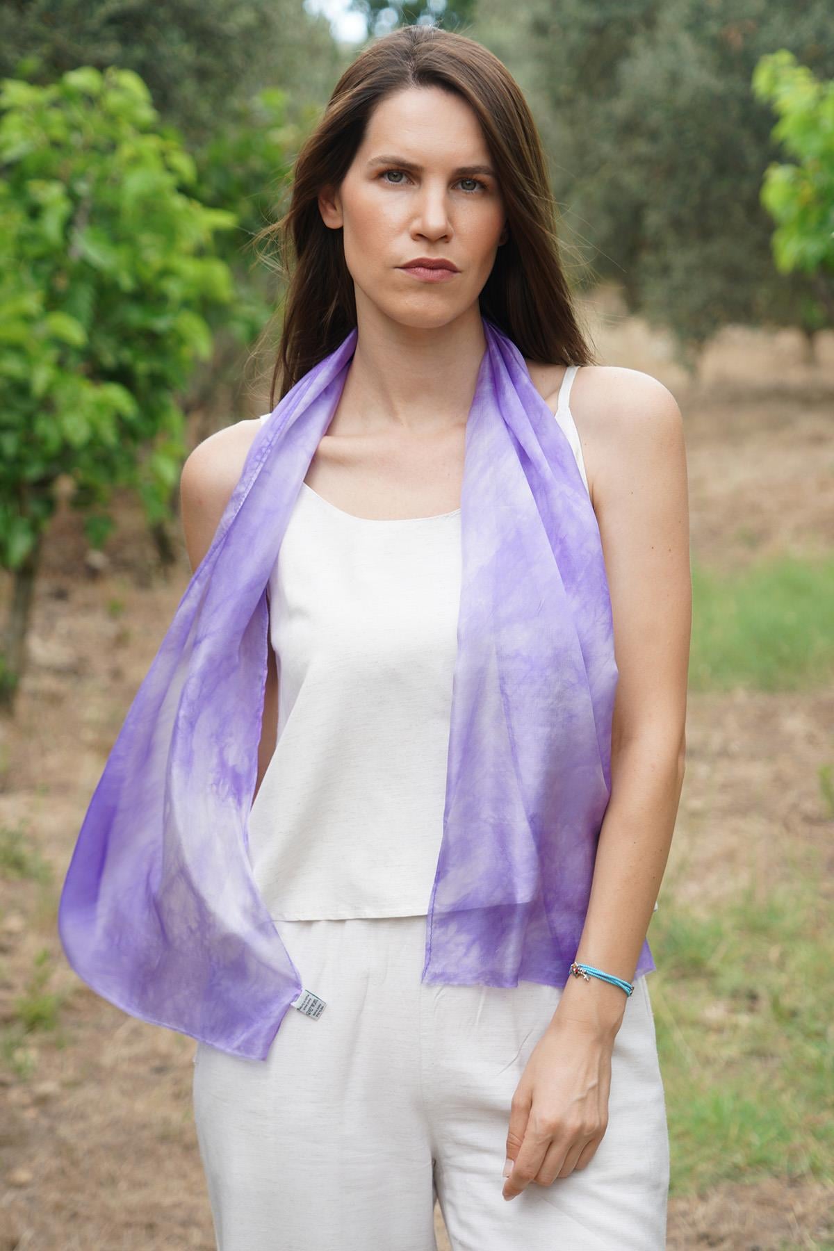%100 Saf İpek El Boyaması Fular- Özel Tasarım 35x140cm - Mor