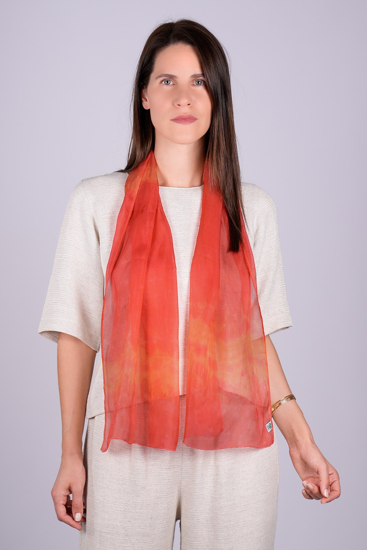 %100 Saf İpek El Boyaması Fular- Özel Tasarım 35x140cm - Kırmızı - Sarı