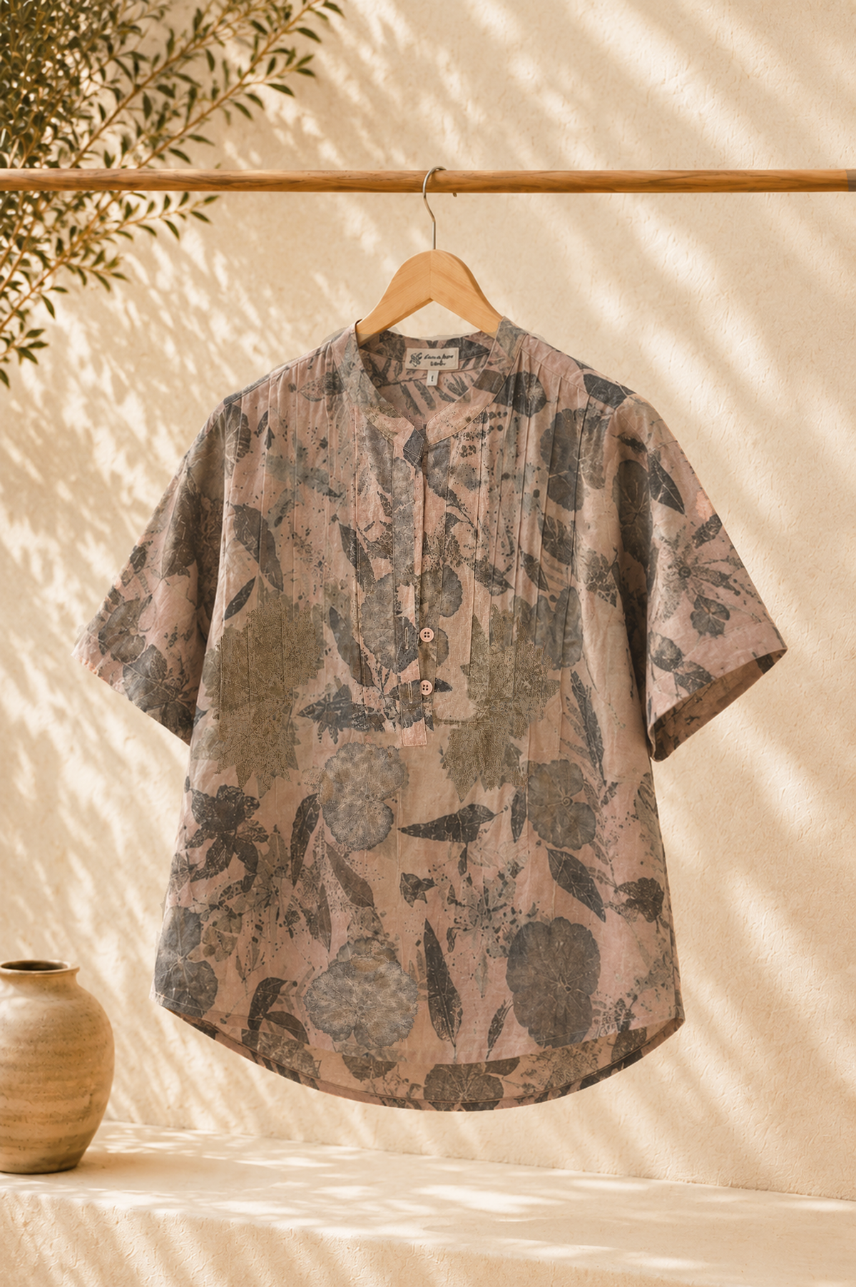 Botanica | El Dokuması %100 Pamuk Ecoprint Gömlek - Somon - Pembe - 1103