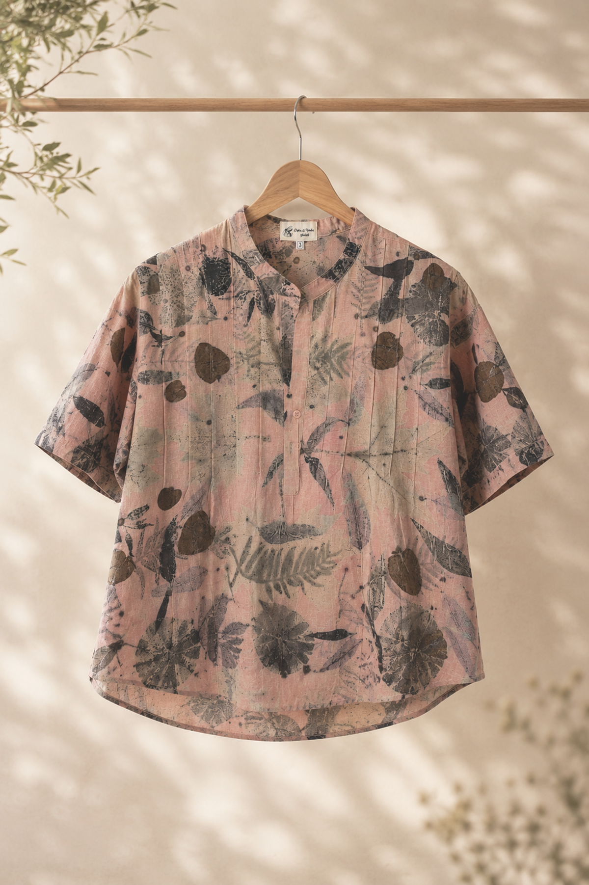 Botanica | El Dokuması İpek Pamuk Ecoprint Gömlek - Pembe - Kahverengi - 1103