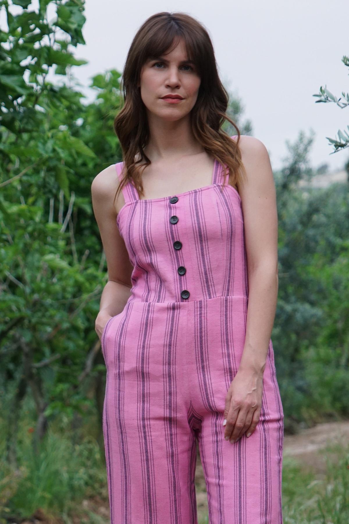 El Dokuması Çizgili Tulum Keten-Pamuk - Pembe
