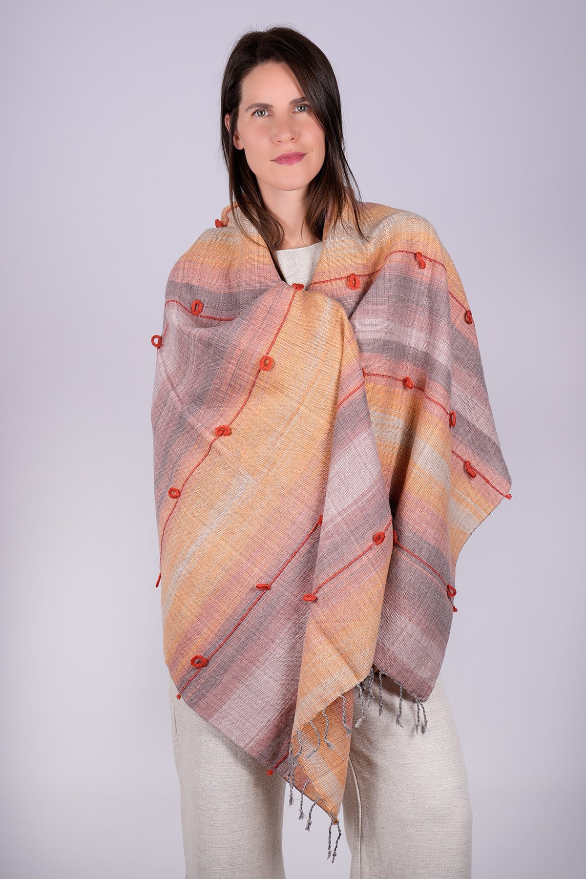 El Dokuması Yünlü Şal 65 x 205 cm - Somon - Pudra