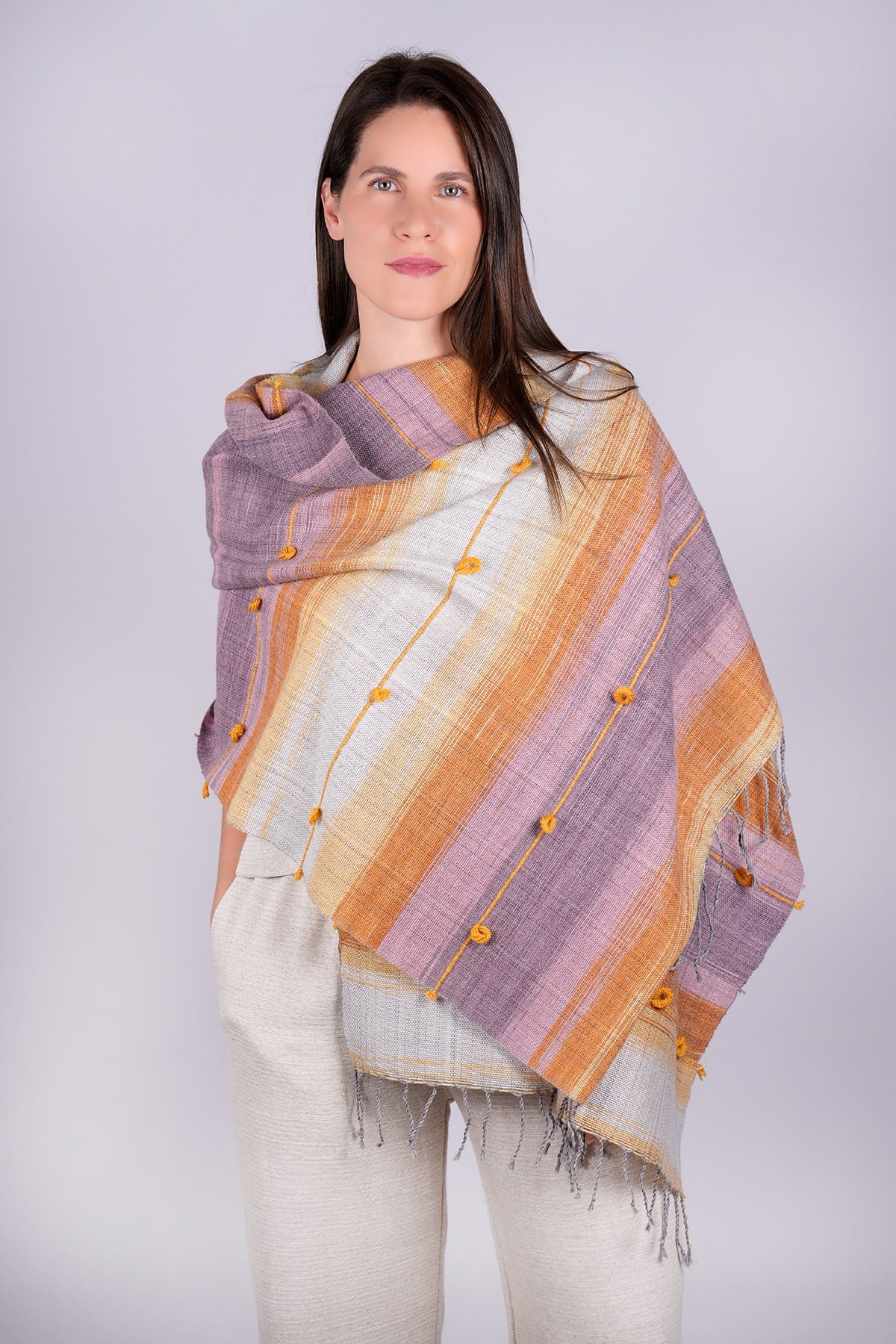 El Dokuması Yünlü Şal 65 x 205 cm - Turuncu - Lila